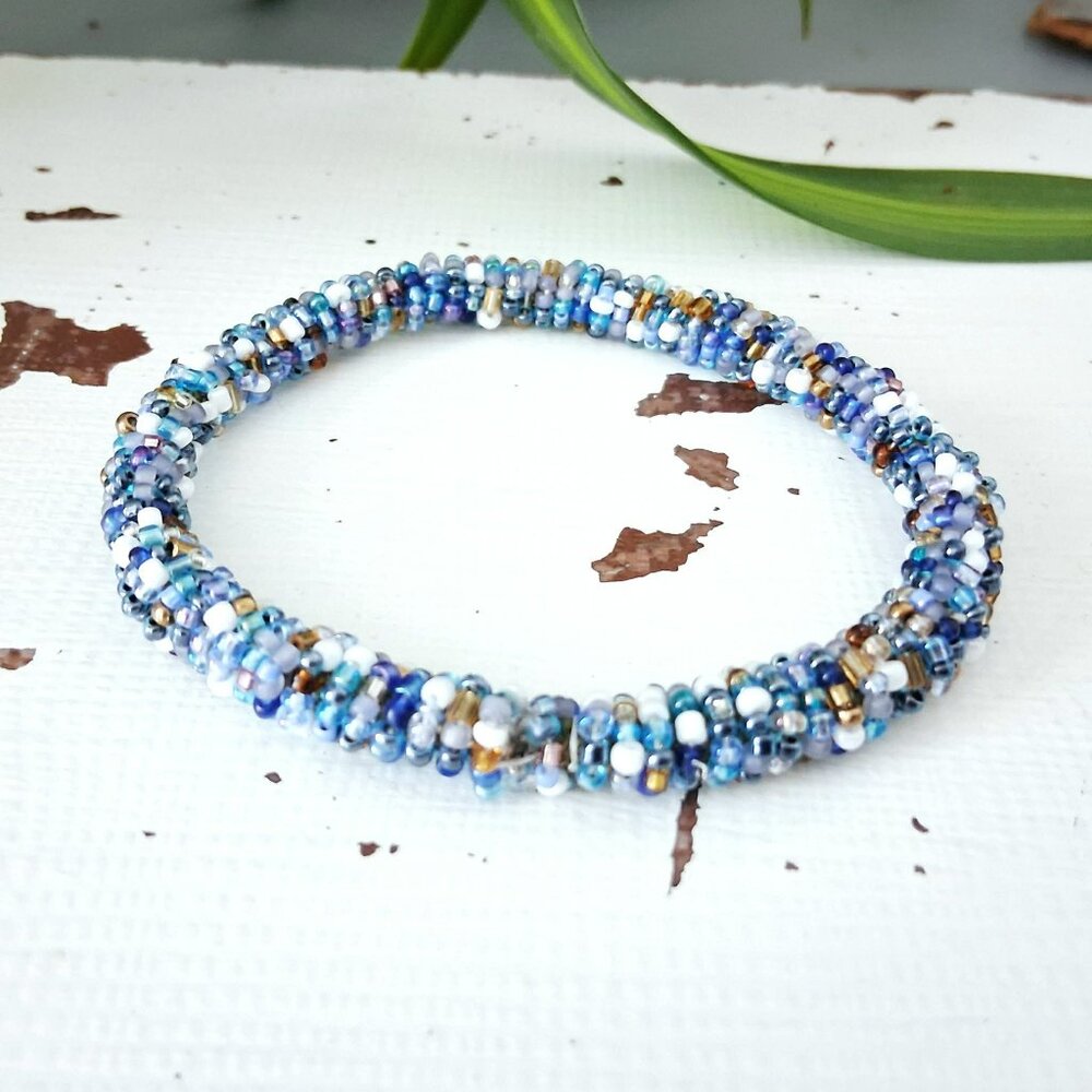 Blue beaded rope bangle bracelet, seed bead jewelry, one size